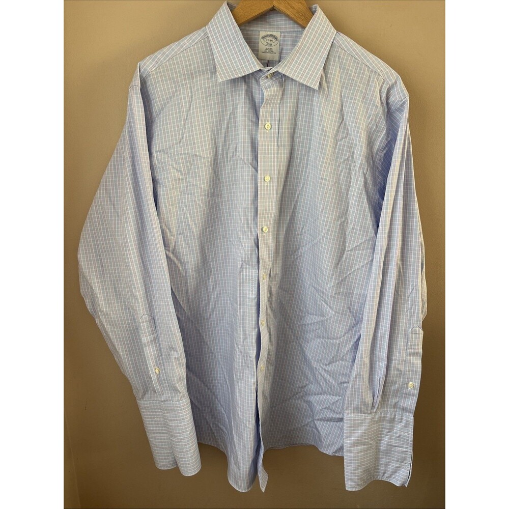 Brooks Brothers Mens 17 34 Blue White Checkered French Cuff Dress Shirt
